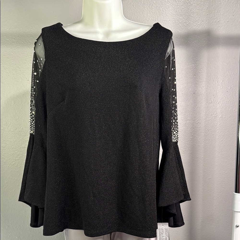 Alex Evenings Black Women's Top with Sheer Sleeves